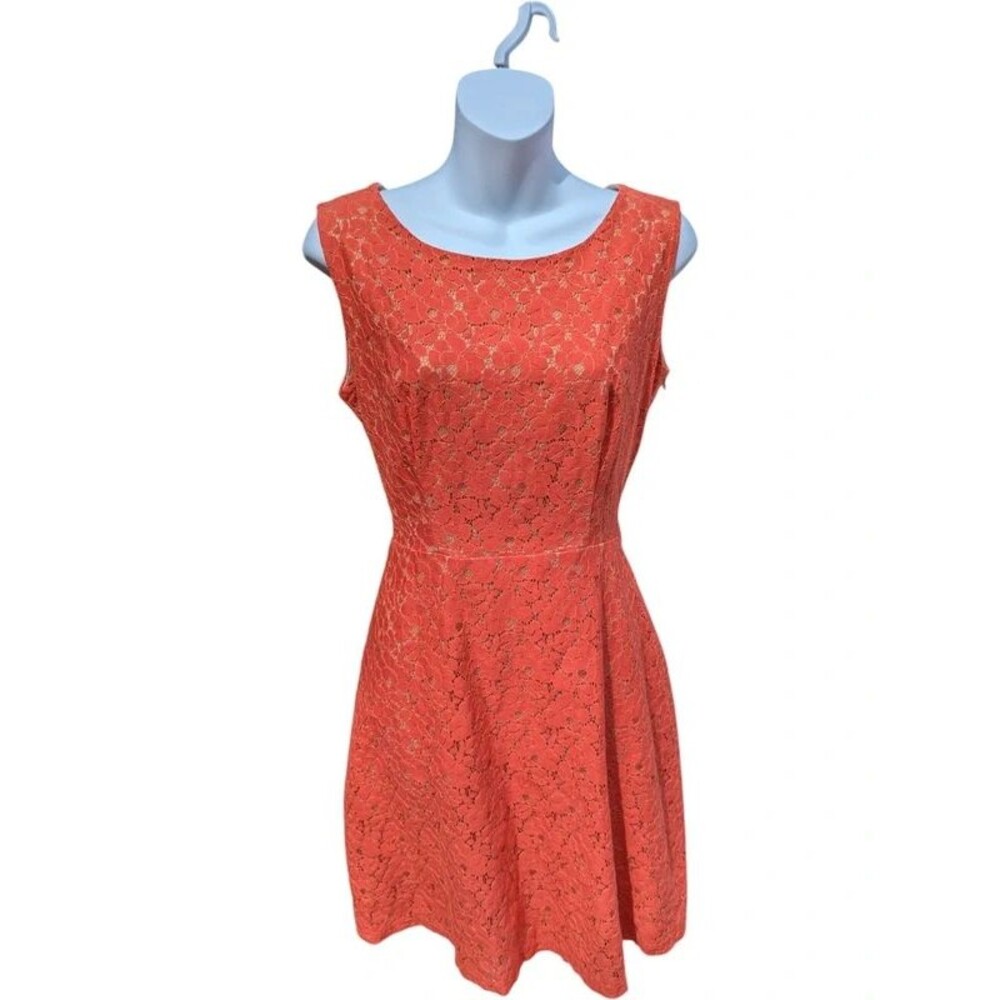 Sleeveless Coral Lace Overlay Keyhole Back Fit & Flare Dress Size 8